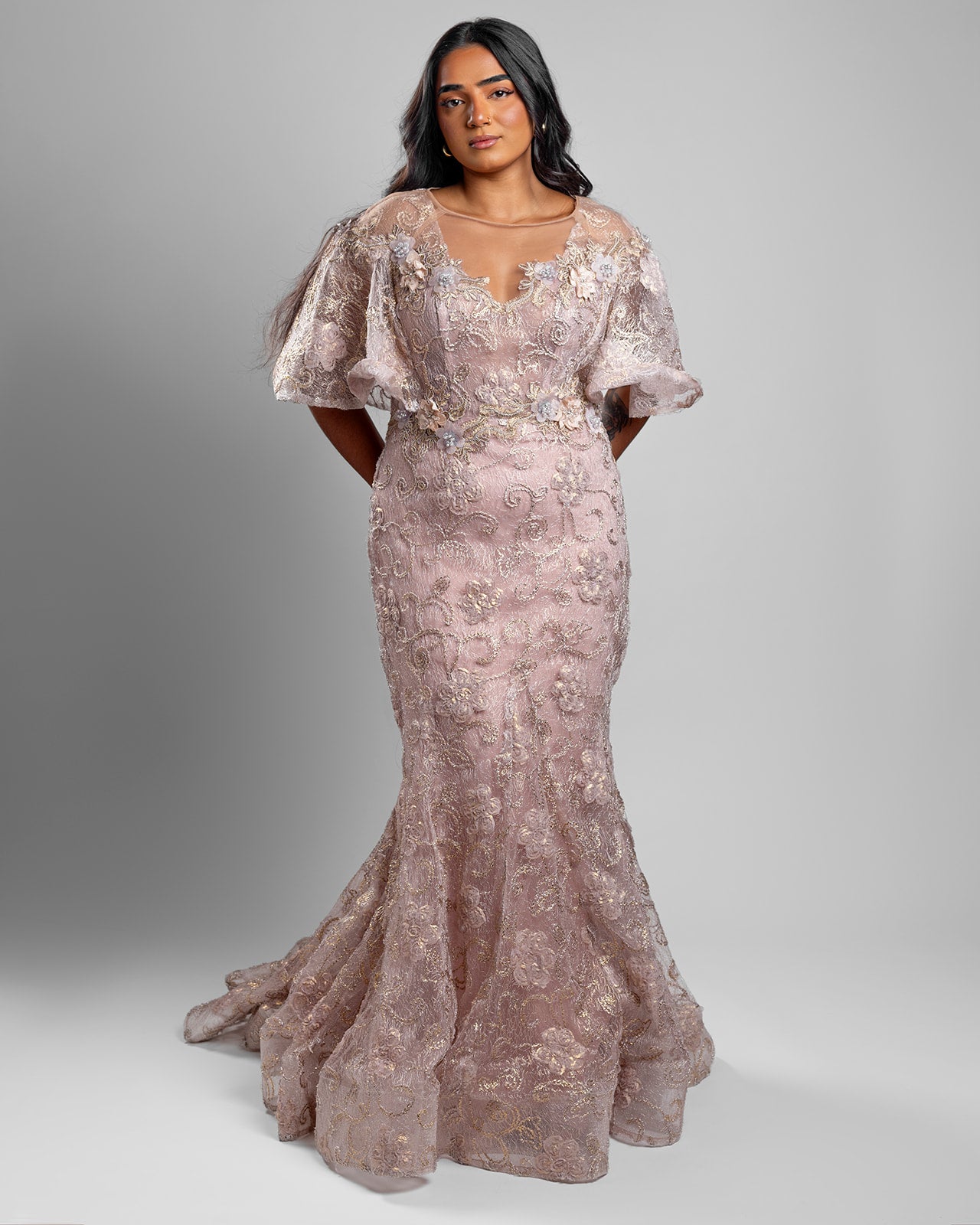 Blush Lace Cape Gown