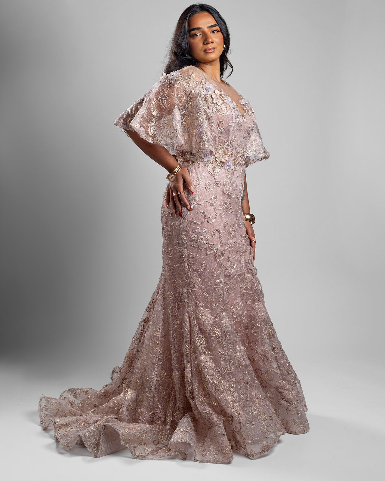 Blush Lace Cape Gown