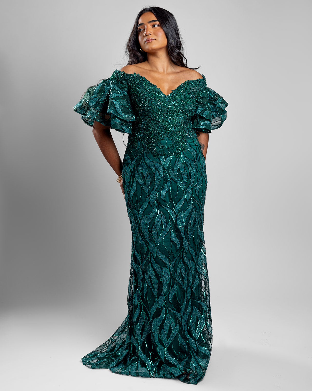 Darling Emerald off Shoulder Dress