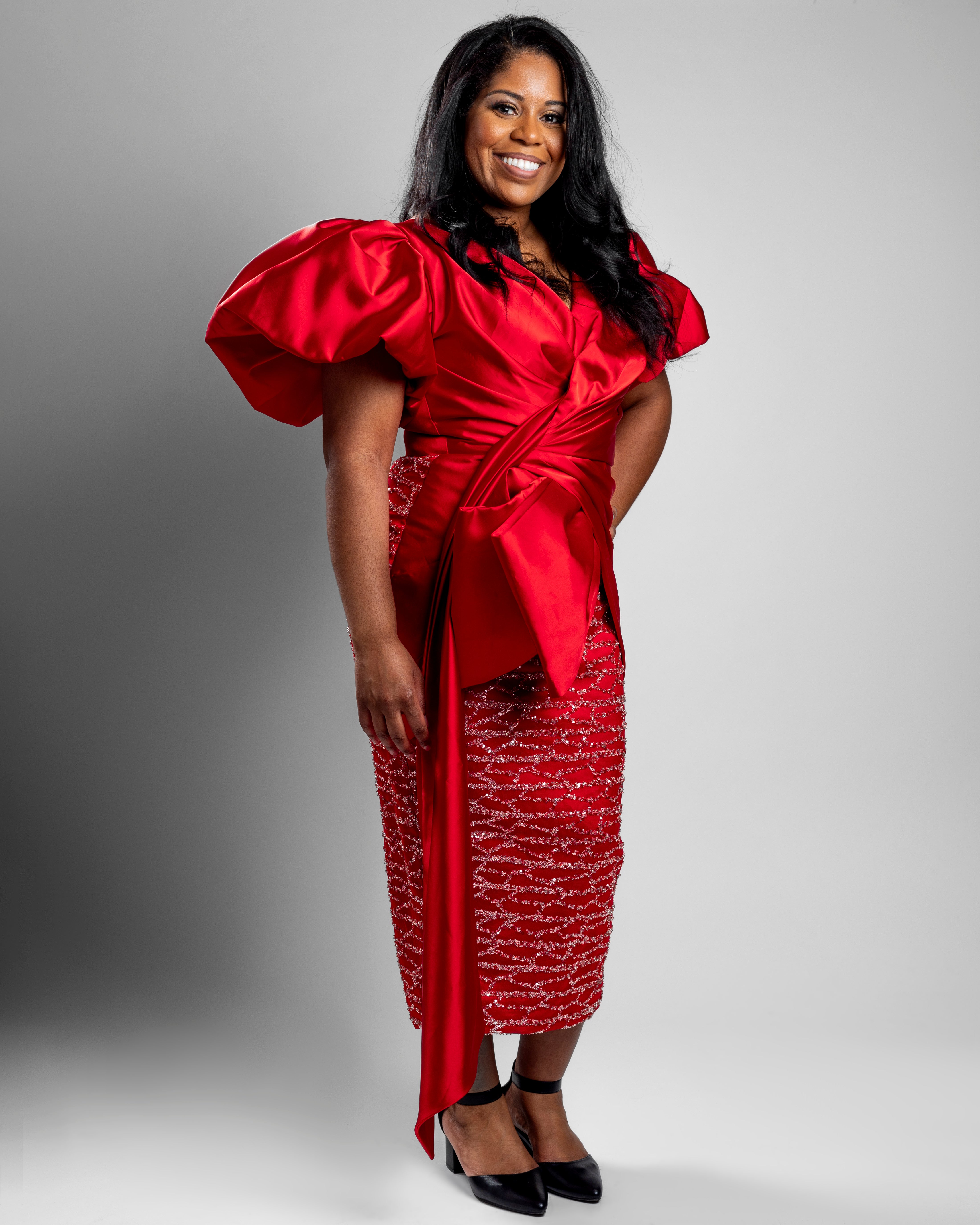 Red Embroidered Lace & Satin Statement Dress