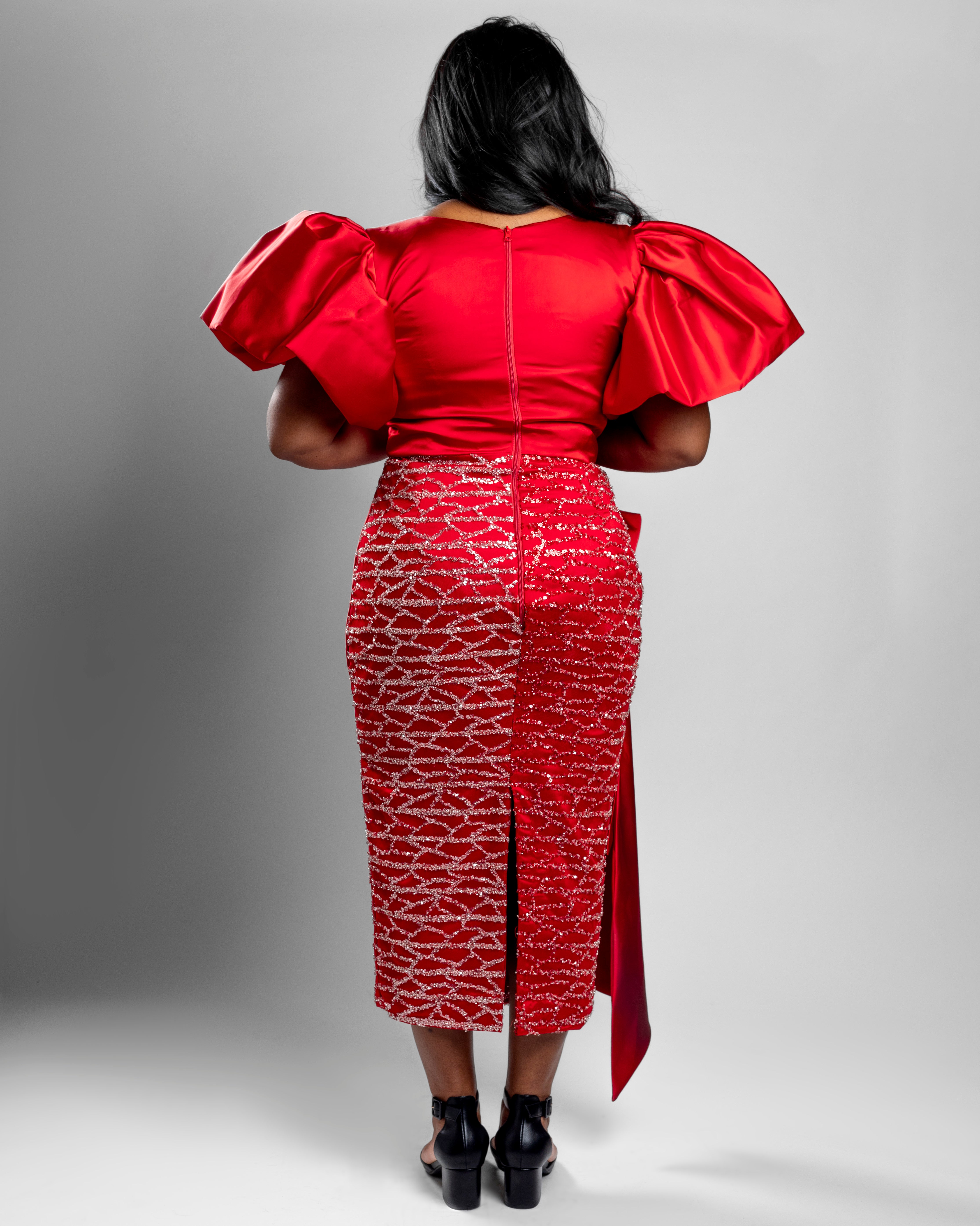 Red Embroidered Lace & Satin Statement Dress