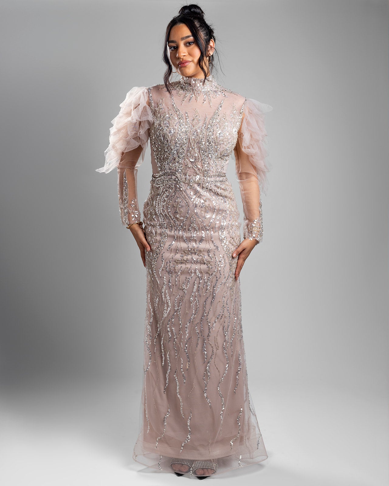 Blush Feathered Shoulders Lace Dress