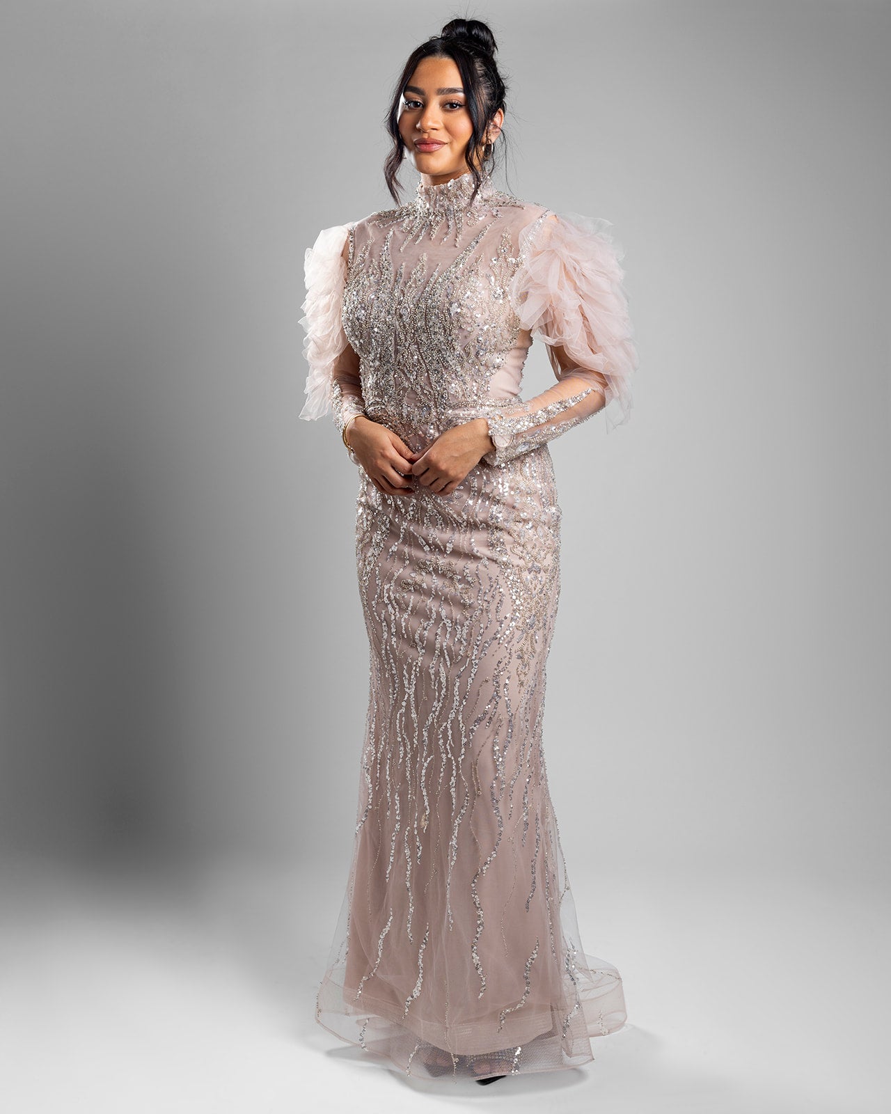 Blush Feathered Shoulders Lace Dress