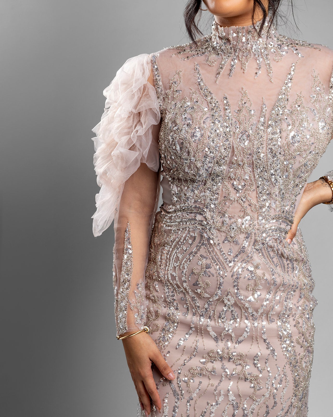 Blush Feathered Shoulders Lace Dress