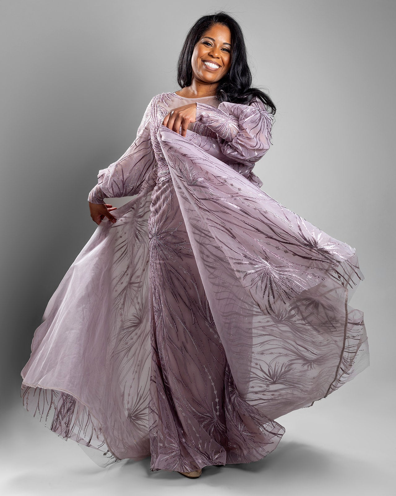 Blush Embroidered Lace Gown with Sheer Sleeves