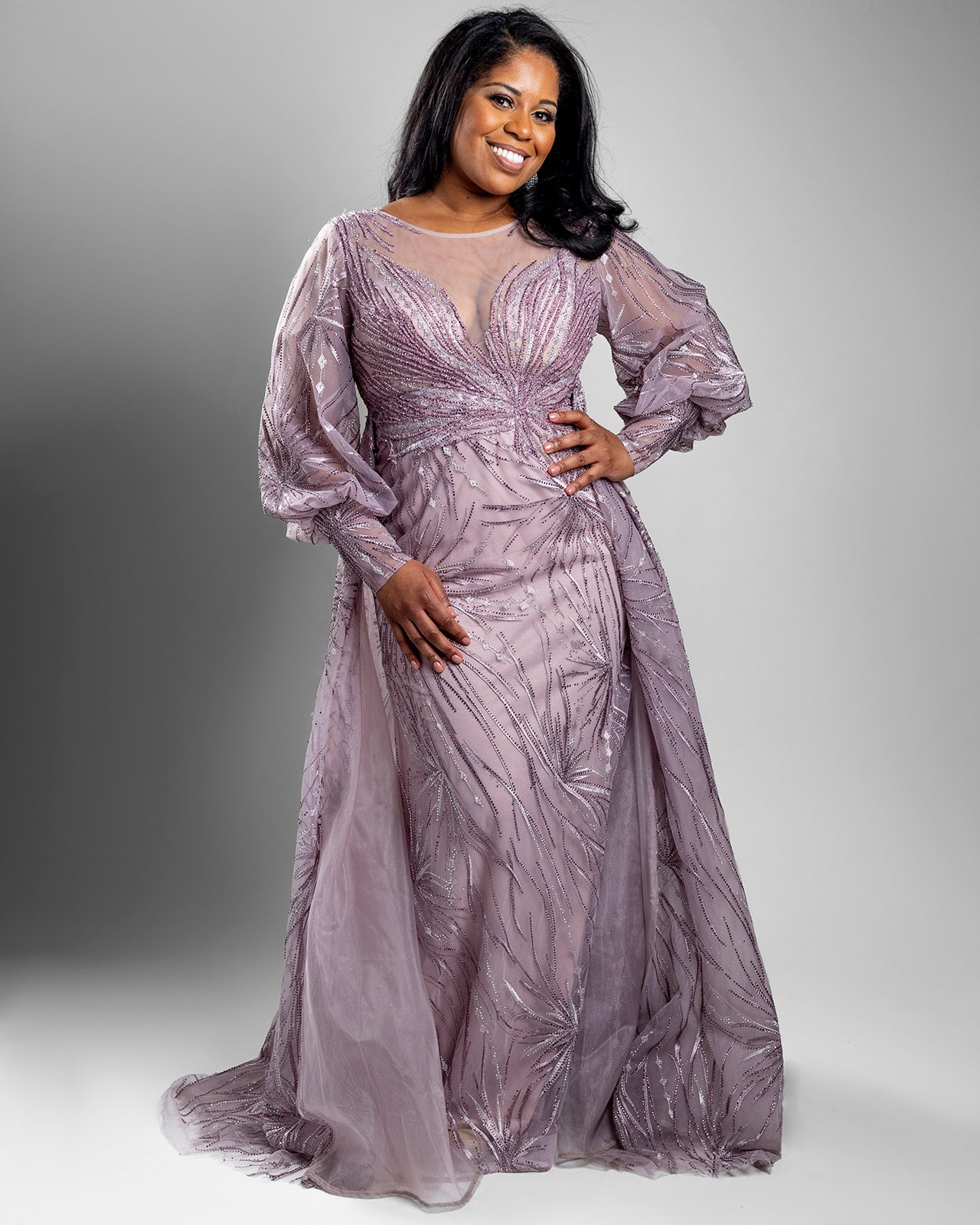 Blush Embroidered Lace Gown with Sheer Sleeves