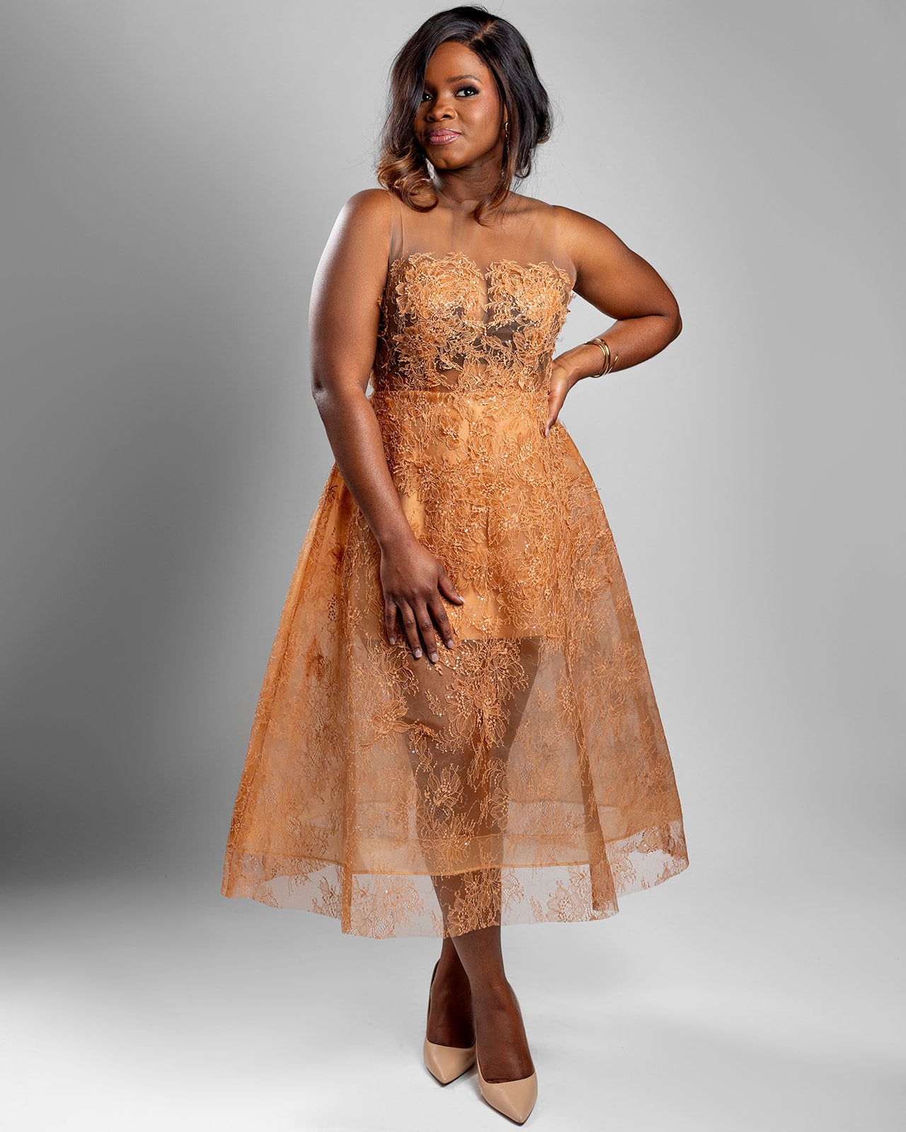 Gold Dust Embroidered Lace Midi Gown