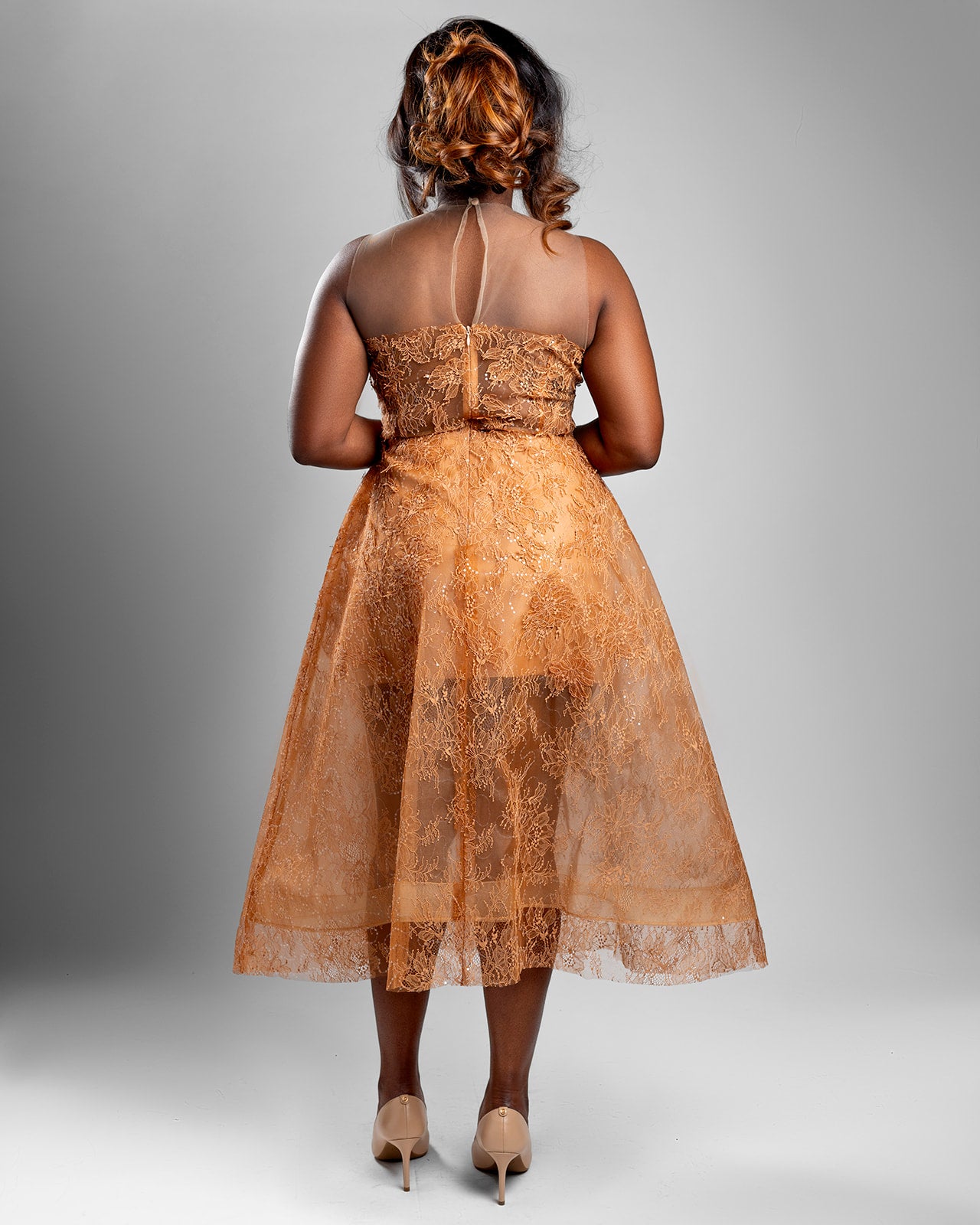 Gold Dust Embroidered Lace Midi Gown