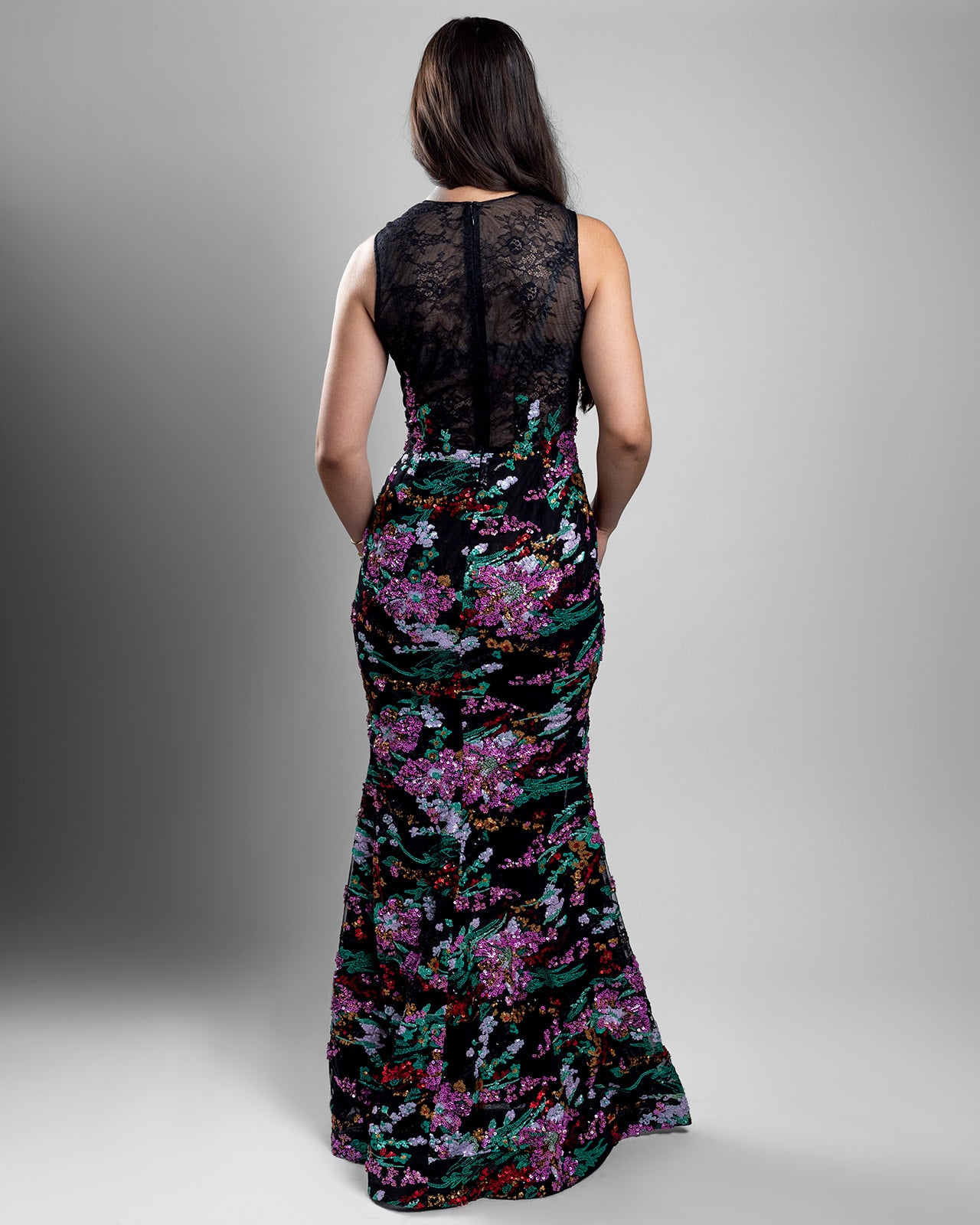 Black Floral Sequin Lace Gown