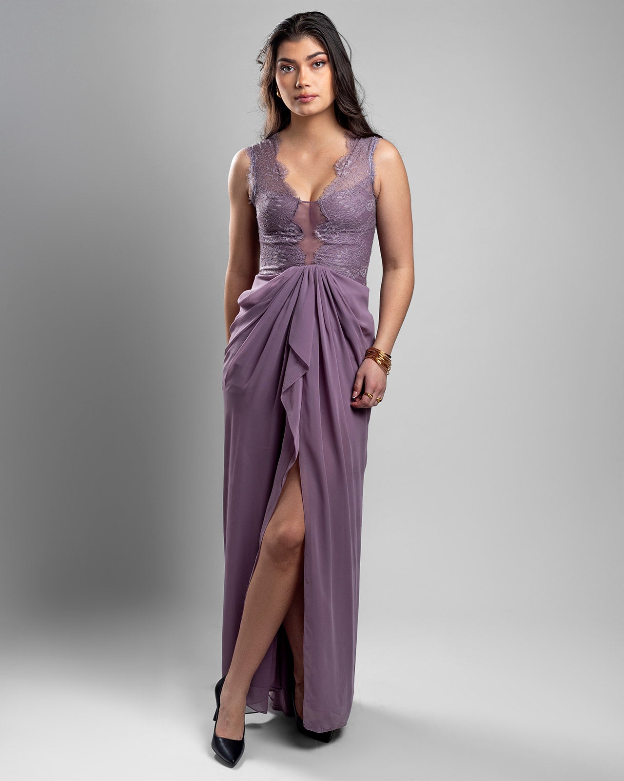 Lavender Lace Drape Gown