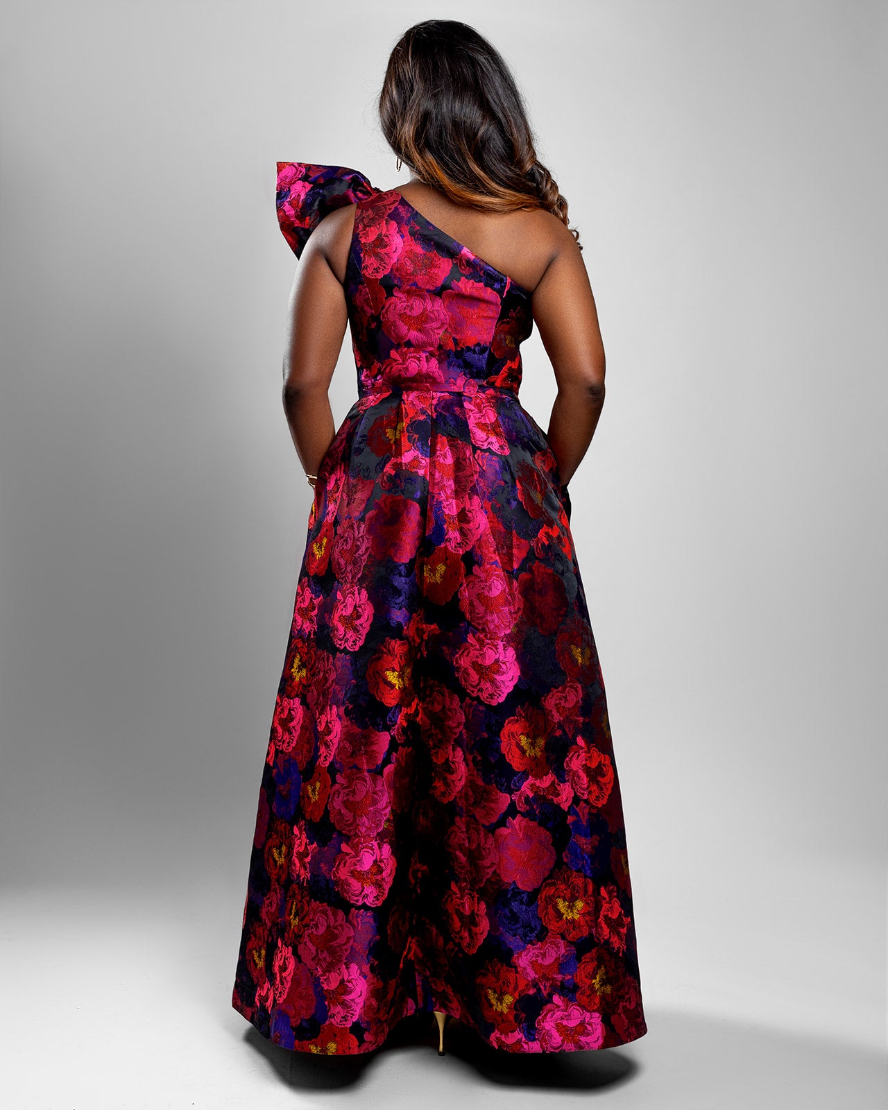 Floral Brocade One-Shoulder Dress