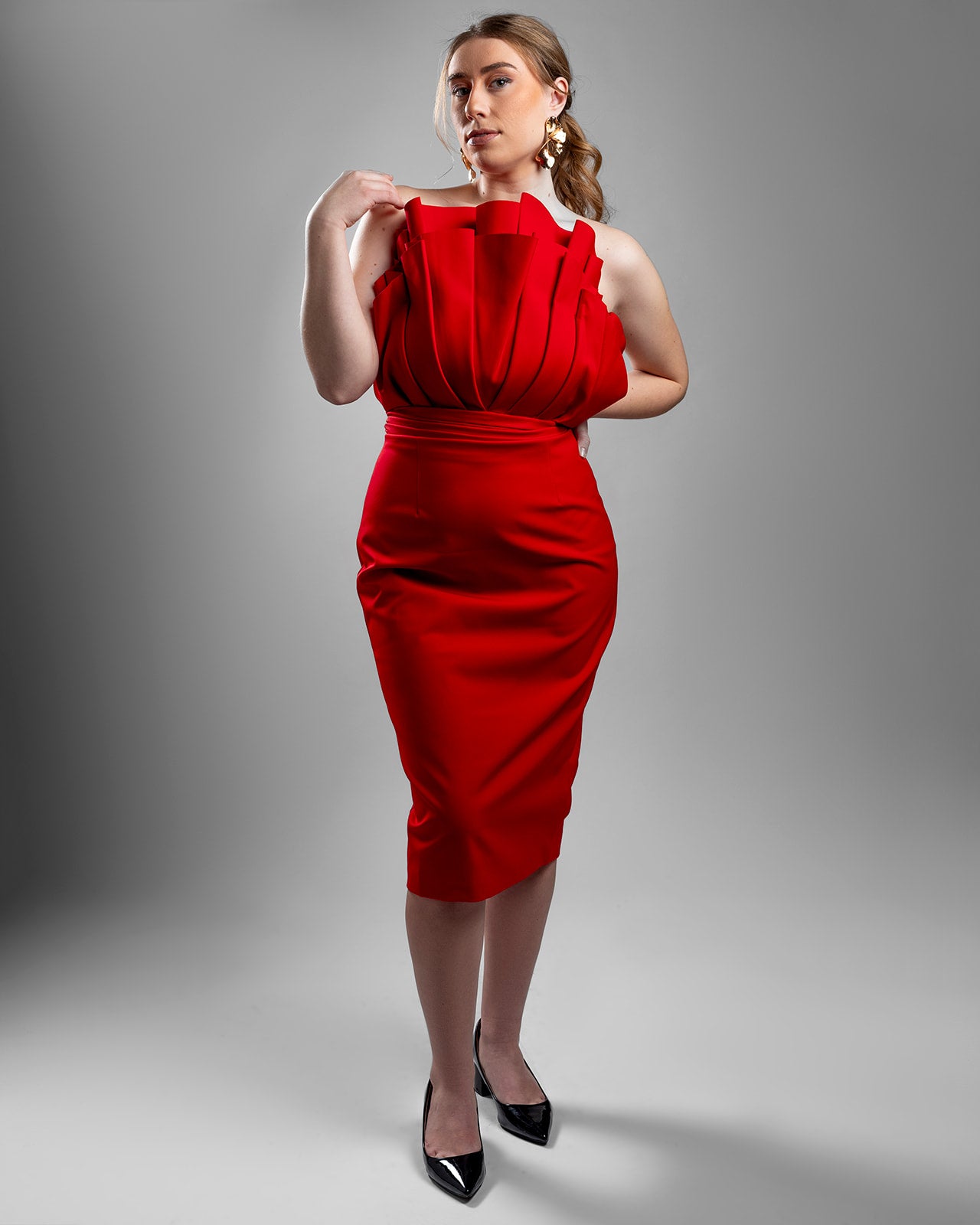 Lady in Red Strapless Midi Dress