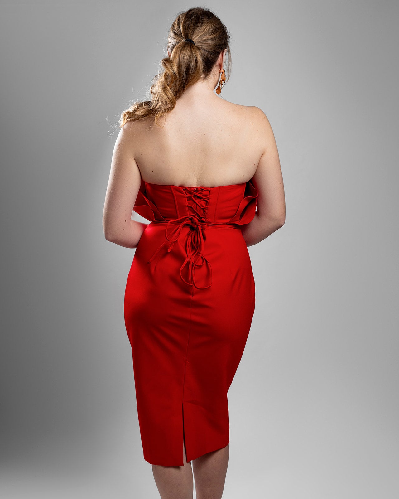 midi red strapless dress Helaina Midi Dress